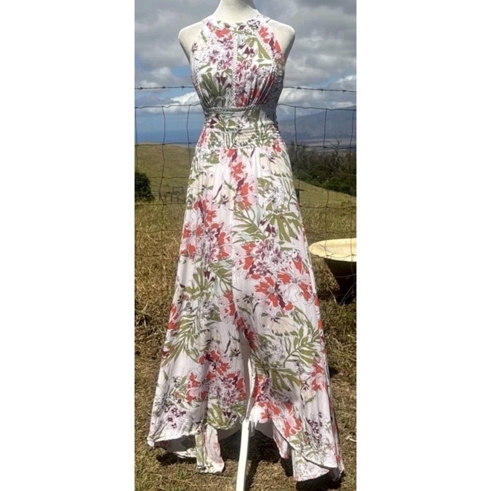 Anthropologie Abel the Label Vienna Floral Halter Maxi Dress Tie Back Cottage